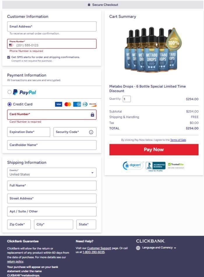 Metabo Drops secure checkout page for safe online purchase